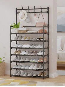 1pc Multifunctional Metal Entryway Shoe Rack With 4/5 Tiers Shoe Storage Shelves And Coat Hooks - Organize Your Entryway And Keep Your Clothes And Shoes Tidy