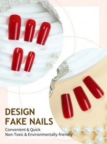 24Pcs Christmas Red Press On Nails Set Medium Long Square False Nails Minimalist Christmas Red Designs Glossy Fake Nails For Women Girls Daily Wear - Includes Nail File & Jelly Adhesive Nail Supplies Nails