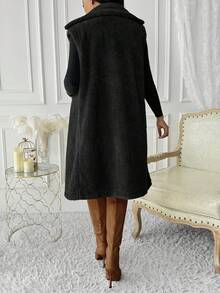 Veste cardigan décontractée pour femmes avec col à revers, double bouton et poches en peluche - Noir - Voir 3