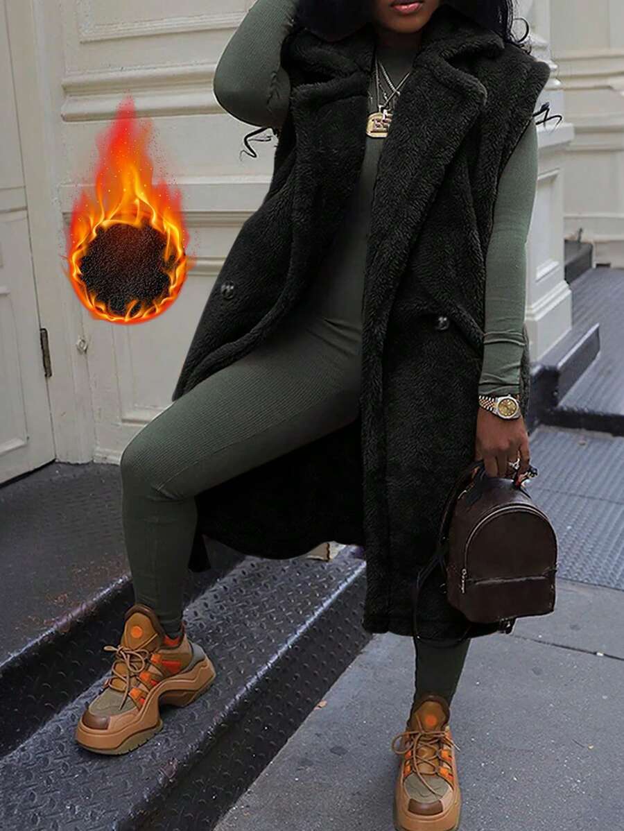 Veste cardigan décontractée pour femmes avec col à revers, double bouton et poches en peluche - Noir - Voir 1