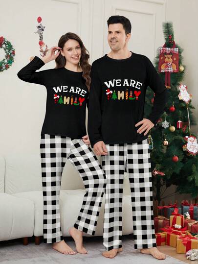 Christmas New Arrival Random Artistic Letter Print Women 2pcs Pajama Set, Loungewear
