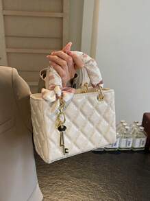 今年流行菱格漆皮百搭单肩斜挎包时尚手提小方包 - 米色 - 查看 4