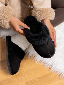 Women's House Slippers Indoor 8 Mm Fuzzy Fluffy Furry Cozy Home Bedroom Comfy Winter Cute Warm Outdoor Classic Style Suede Upper Shoes Snow Slippers For Christmas Gift - 黑色 - 查看 3