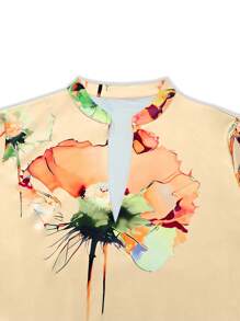 女士大码休闲运动两件套，V领开衩印花宽松上衣+弹力紧身裤，适合通勤，秋冬 - 卡其色 - 查看 5