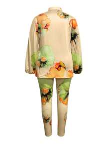 女士大码休闲运动两件套，V领开衩印花宽松上衣+弹力紧身裤，适合通勤，秋冬 - 卡其色 - 查看 4