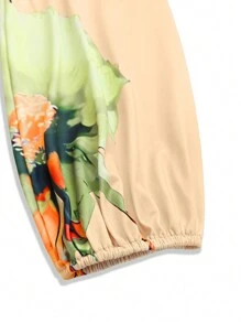 女士大码休闲运动两件套，V领开衩印花宽松上衣+弹力紧身裤，适合通勤，秋冬 - 卡其色 - 查看 6