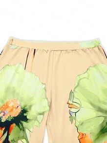 女士大码休闲运动两件套，V领开衩印花宽松上衣+弹力紧身裤，适合通勤，秋冬 - 卡其色 - 查看 7