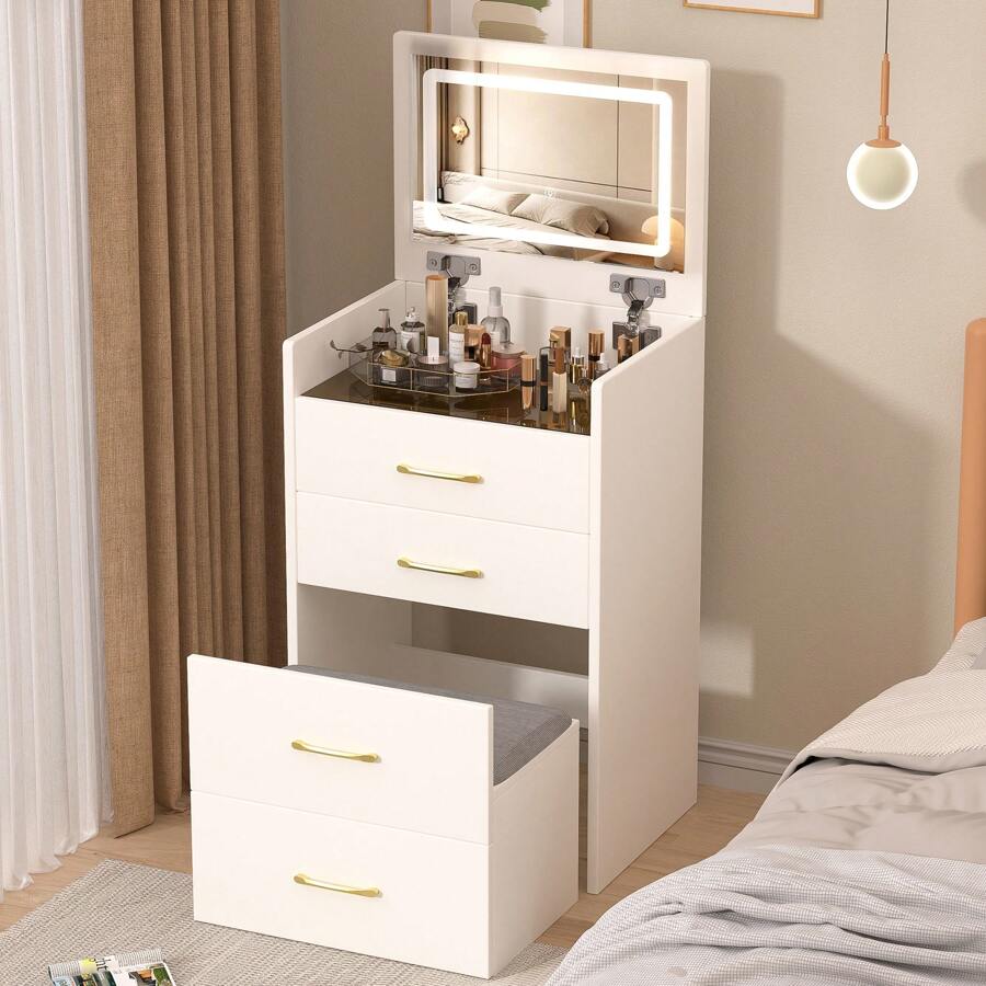 3 In 1 Vanity Desk With Open Top Mirror,Small Make Up Vanity Set With Visible Glass Desktop,Compact Makeup Vanity With 3 Drawers,Dressing Table For Bedroom - 白色 - 查看 1
