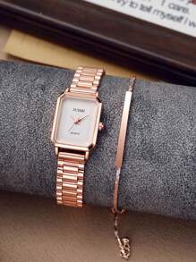2pcs/Set: Elegant Fashion Women's Quartz Watch With Roman Numeral Dial And Minimalist Steel Band + One-Piece Bangle Bracelet, Suitable For Daily Wear, Birthday, Anniversary, Christmas, Valentine's Day Gifts