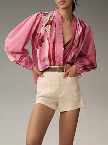 Women Long Sleeve Shirts Floral Print Ruffles Button Down Fashion Blouses Spring Loose Casual Shirt Tops - Pink - View 4