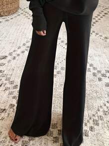 OFFBRACE Two Piece Sets For Women Casual Solid Color Ribbed Pantsuits, Long Sleeve Loose Top & Drawstring Wide Leg Pants Outfits, Women's Clothing Womenswear Overalls - 黑色 - 查看 3