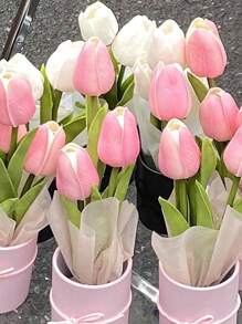 1 套人造郁金香花束，包括纸桶和包装纸以及 3 朵郁金香塑料花，假郁金香抱抱桶，小花盒，适合家庭妈妈朋友生日婚礼派对办公室农舍餐厅客厅卧室餐厅餐桌中心装饰，情人节礼物 - 彩色 - 查看 6