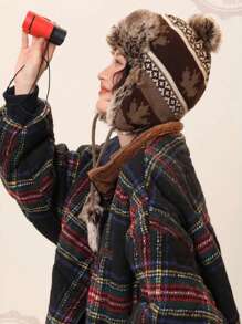 1 件冬季新款保暖内衬护耳帽，枫叶复古提花针织毛绒帽，户外骑行滑雪防风防寒毛绒帽