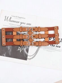 1 pieza Cinturón de estilo punk europeo y americano con cadena para mujer, banda decorativa para la cintura para vestidos y chaquetas, accesorio de entrenador de cintura de verano para damas, decoración de cadena gótica punk para vestido, cinturón negro de mujer para vestido, entrenador de cintura para adelgazamiento y control del abdomen