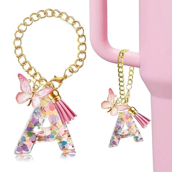 Accessori charms a forma di lettera per tazze con manico, ciondolo portachiavi con iniziale A e farfalla per tazze, charms carini con farfalla rosa e nappe, regalo per la festa della mamma