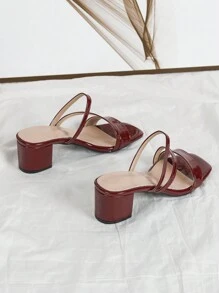 春夏时尚女士高跟凉鞋，酒红色漆皮绑带，粗跟，露趾，休闲/度假风 - 酒紅色 - 查看 5