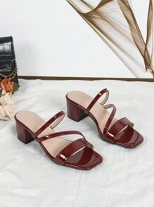 春夏时尚女士高跟凉鞋，酒红色漆皮绑带，粗跟，露趾，休闲/度假风 - 酒紅色 - 查看 3
