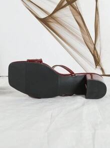 春夏时尚女士高跟凉鞋，酒红色漆皮绑带，粗跟，露趾，休闲/度假风 - 酒紅色 - 查看 6