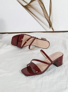 春夏时尚女士高跟凉鞋，酒红色漆皮绑带，粗跟，露趾，休闲/度假风 - 酒紅色 - 查看 4