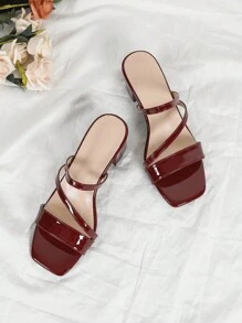 春夏时尚女士高跟凉鞋，酒红色漆皮绑带，粗跟，露趾，休闲/度假风 - 酒紅色 - 查看 2