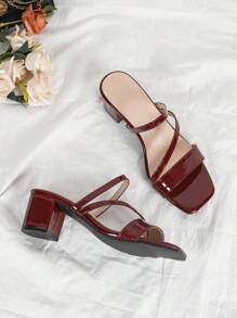 春夏时尚女士高跟凉鞋，酒红色漆皮绑带，粗跟，露趾，休闲/度假风 - 酒紅色 - 查看 1