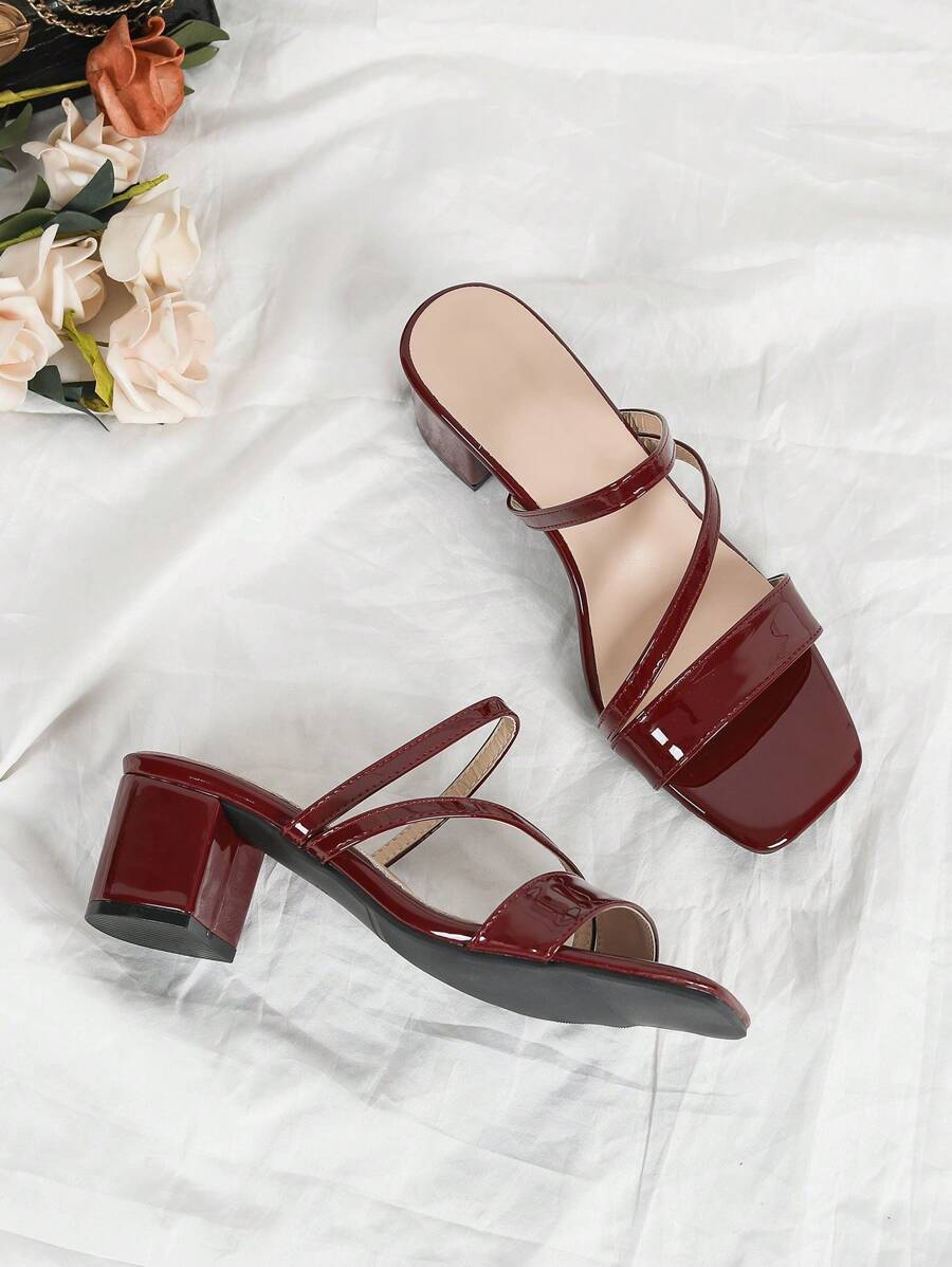 春夏时尚女士高跟凉鞋，酒红色漆皮绑带，粗跟，露趾，休闲/度假风 - 酒紅色 - 查看 1