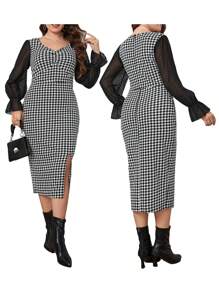 Womens Plus Size Bodycon Dress Long Sleeve V Neck Houndstooth Print Dress Fall Midi Dress - Black - View 2