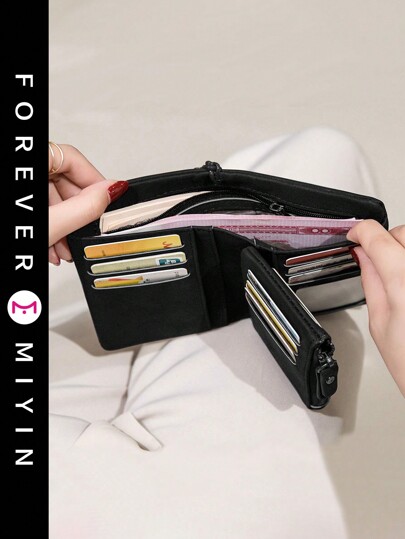 Stitch Detail Small Wallet PU Black Unisex Slim Lightweight Portable ID Card Credit Card Minimalist Fashion Modern Business Anniversary On Valentine Day For Birthday Gift Gift Couple Gift Valentines For Women Wallet Purse Wallet