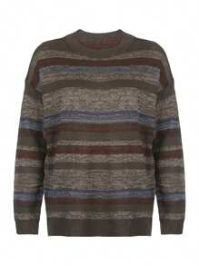 Women Sweater, Vintage Long Sleeve Crew Neck Striped Knit Pullover Tops For Casual Daily - Xám - Xem 2