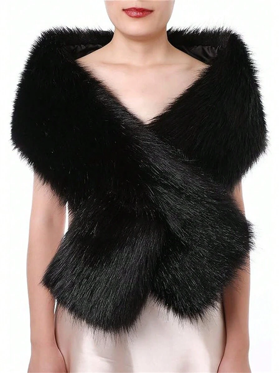 1pc Fur Shawl For Wedding Dress, Bride's Long Cheongsam Scarf In Red, White, Black; 1pc Black Evening Gown Cheongsam Fur Shawl, White Fluffy Thicken Outerwear Shawl For Vintage Autumn/Winter - Multicolor - View 1