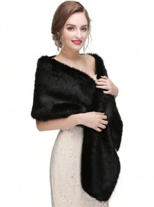 1pc Fur Shawl For Wedding Dress, Bride's Long Cheongsam Scarf In Red, White, Black; 1pc Black Evening Gown Cheongsam Fur Shawl, White Fluffy Thicken Outerwear Shawl For Vintage Autumn/Winter - Multicolor - View 7