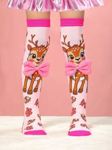 1 Pair Girls Over-The-Knee Socks Deer Pattern, Pink Color, Bow Decor, Cute Deer Socks, Fashion And Versatile For Christmas, Party, Casual, Sports, School, Autumn/Winter - Multicolor - View 1