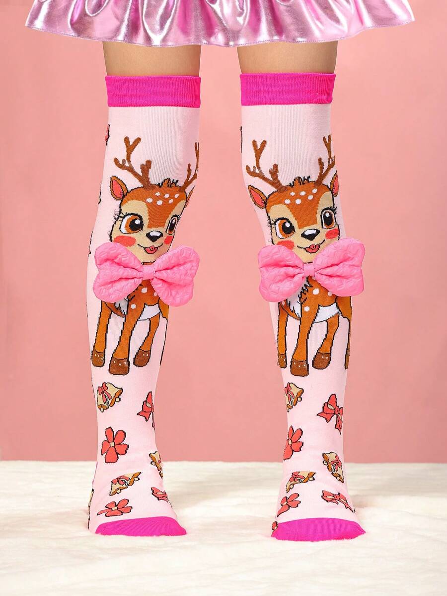 1 Pair Girls Over-The-Knee Socks Deer Pattern, Pink Color, Bow Decor, Cute Deer Socks, Fashion And Versatile For Christmas, Party, Casual, Sports, School, Autumn/Winter - Multicolor - View 1