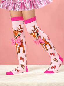1 Pair Girls Over-The-Knee Socks Deer Pattern, Pink Color, Bow Decor, Cute Deer Socks, Fashion And Versatile For Christmas, Party, Casual, Sports, School, Autumn/Winter - Multicolor - View 3