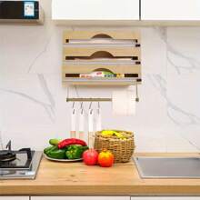 4 In 1 Bamboo Wrap Dispenser With 3 Compartments, Perfect For Plastic, Foil & Parchment Paper Rolls Towels, Kitchen Essential Wall-Mounted Multifunctional Organizer - 4 In 1 Bamboo Foil Dispenser - View 9