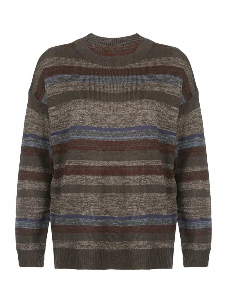 Suéter vintage de manga larga con cuello redondo y rayas para mujer, ideal para uso diario informal. - Gris - Añade 2