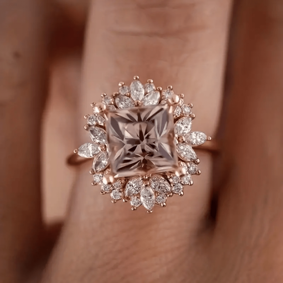 Anel feminino luxuoso e moderno, requintado zircônia cúbica champanhe banhada a ouro rosa 18K, adequado para aliança de casamento de noiva, presente romântico de aniversário, joias de noivado, presente de aniversário