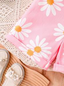 Bộ 2 món/Bộ trang phục thời trang mùa hè cho bé gái, Áo thun cổ tròn tay ngắn in họa tiết hoa cúc, Áo liền quần có dây đeo túi thời trang, Quần áo trẻ em thoải mái, mềm mại, dễ thương, phong cách ngọt ngào, trang phục đường phố ngoài trời thanh lịch - Hồng - Xem 6