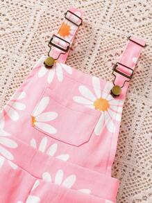 Bộ 2 món/Bộ trang phục thời trang mùa hè cho bé gái, Áo thun cổ tròn tay ngắn in họa tiết hoa cúc, Áo liền quần có dây đeo túi thời trang, Quần áo trẻ em thoải mái, mềm mại, dễ thương, phong cách ngọt ngào, trang phục đường phố ngoài trời thanh lịch - Hồng - Xem 5