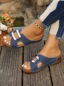 Plus Size US 6-12 Summer New Fashion Versatile Navy Blue Metal Buckle Open Toe Women Platform Wedge Sandals, Casual Daily/Beach/Vacation Lightweight Comfortable Slip-On