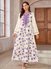 V-Neck Dress, All-Over Printed, Thick & Soft Four-Way Stretch Fabric, Elegant & Luxury Arab Style Abaya Dress For Women - Multicolor - View 1