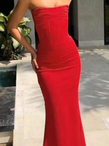 Women's Autumn Waistband Bandeau Party Cocktail Dress - Red - View 6