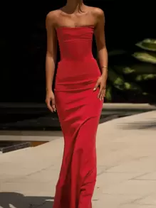 Women's Autumn Waistband Bandeau Party Cocktail Dress - Red - View 5