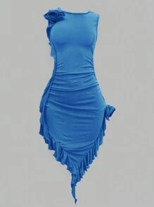 Fashion Women Asymmetric Hem Bodycon Dress Elegant 3D Floral Print Sleeveless Slit Strapless Mesh Pencil Dress Sexy Party Club Dress - 藍色 - 查看 1