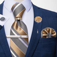 6 件/套男士领带条纹蓝色花卉领带手帕方形环夹胸花婚礼时尚（随机戒指）