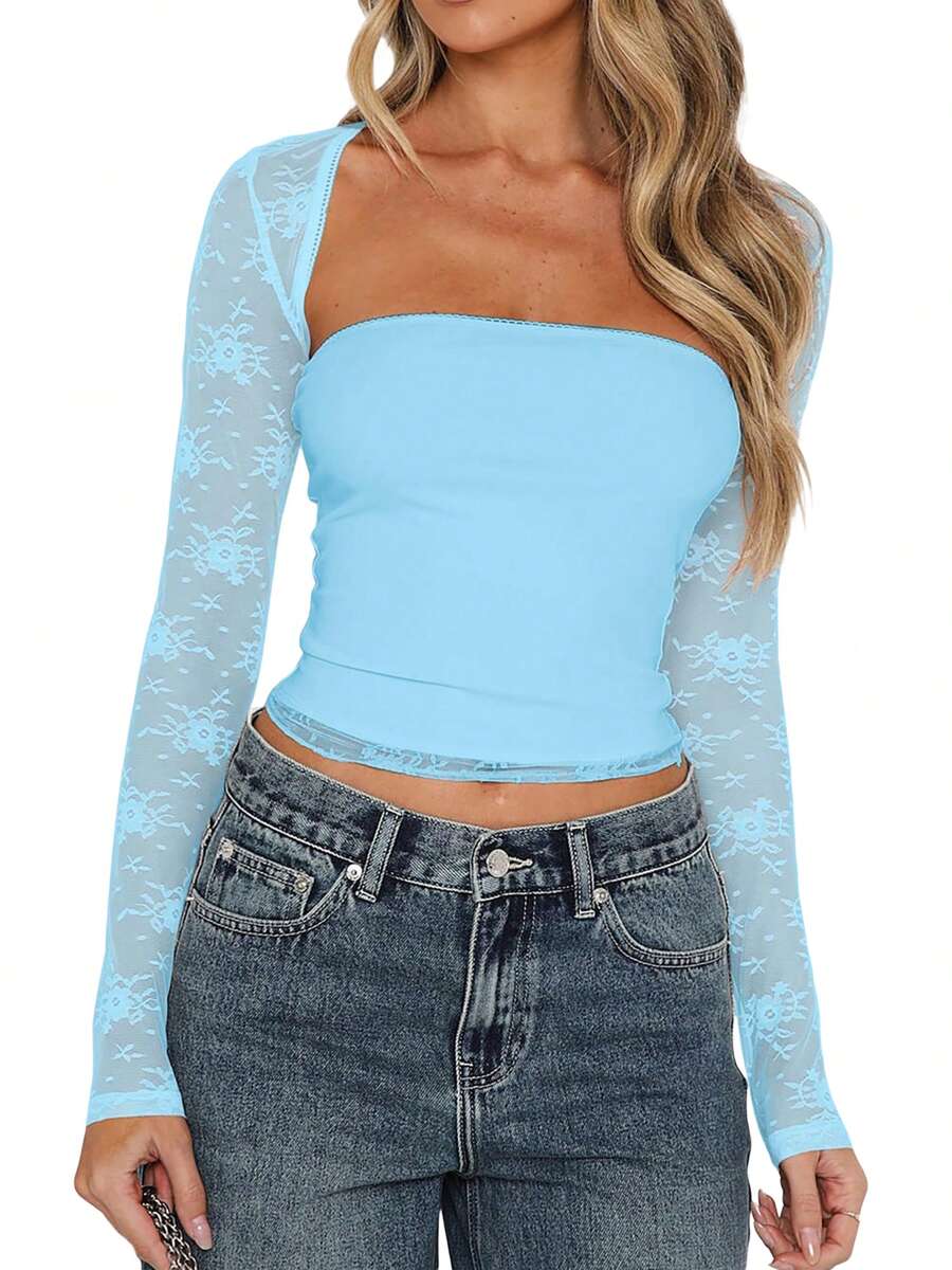Conjunto de 2 piezas de verano para mujer con parte superior de encaje de manga larga y conjunto de bandeau de unicolor - Azul - Ver 1