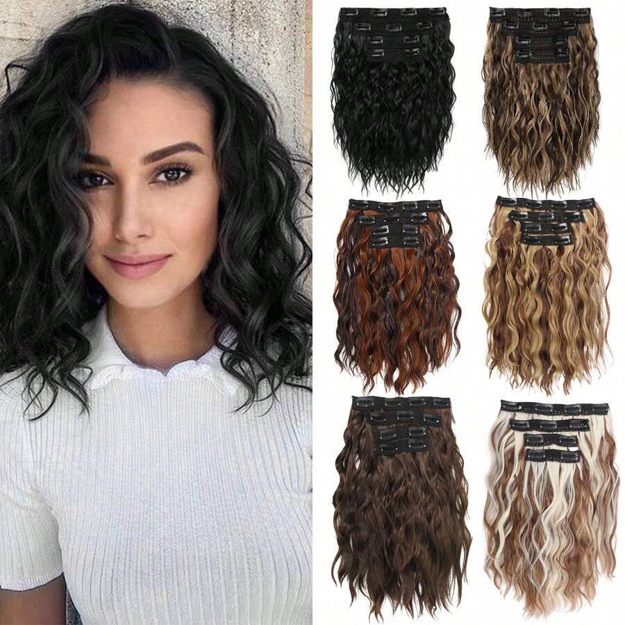 Hair Extension 4pcs Clip In Hair Extension 12" Short Curly Wavy Beige Hair Extension Invisible Lace Weft Female Natural Soft Wig, Halloween