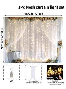 White Curtain And Light String Set, Gauze Banners Perfect Decoration Of Birthday Wedding 2025 New Year Party Room Background Wall, Including 2pcs Of 150*215cm White Gauze, 1pc 300cm Warm Light String 300 LED, USB Powered Curtain Fairy Lights, Remote Control 8 Lighting Modes, And 10pcs Of Curtain Clips Back To School Valentine Day - 白色 - 查看 8