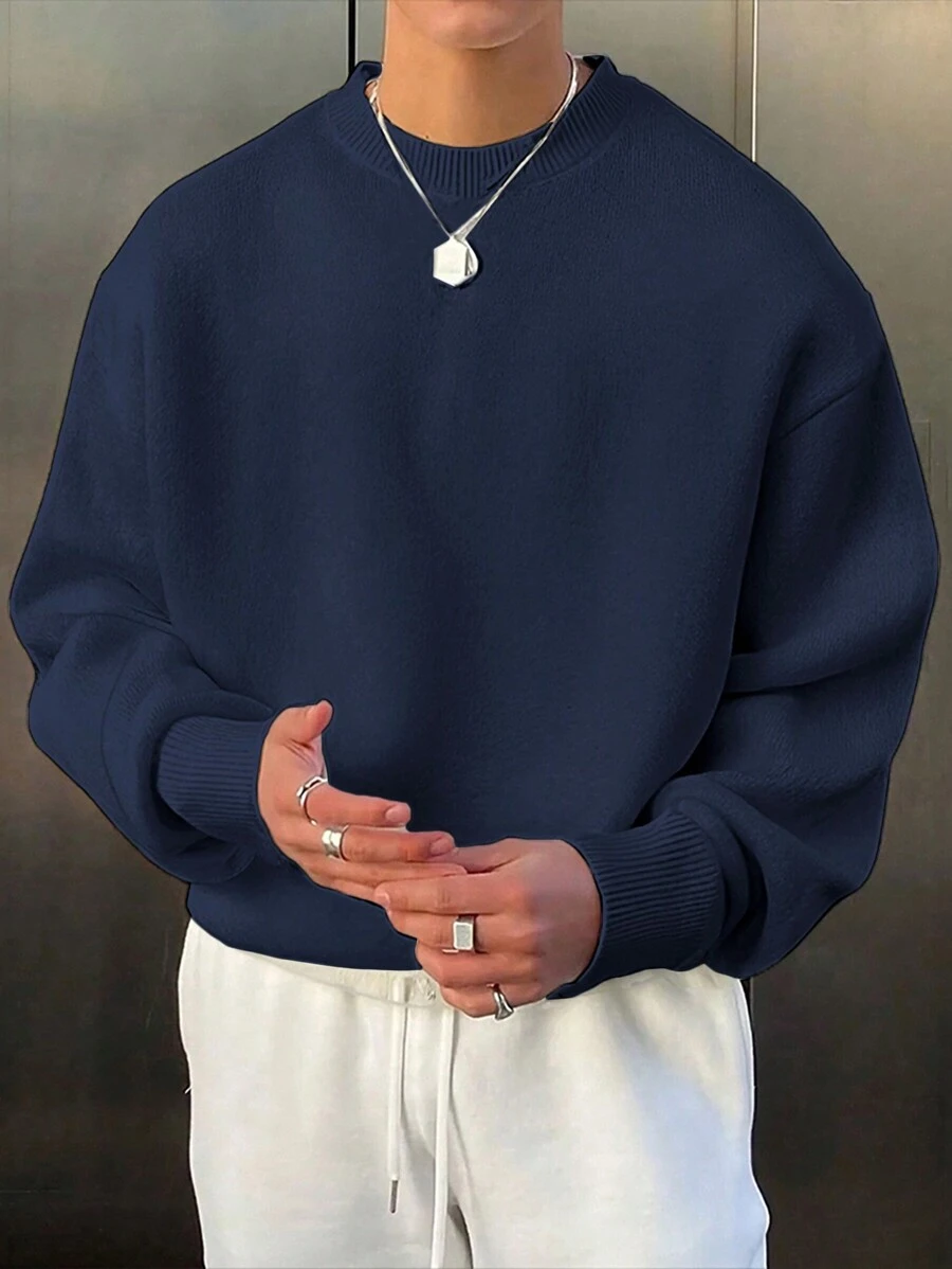 Men's Solid Color Crew Neck Casual Sweater, Minimalist For Daily Commute, Essential For Layering, Autumn/Winter, Long Sleeve Top - Navy Blue - View 1
