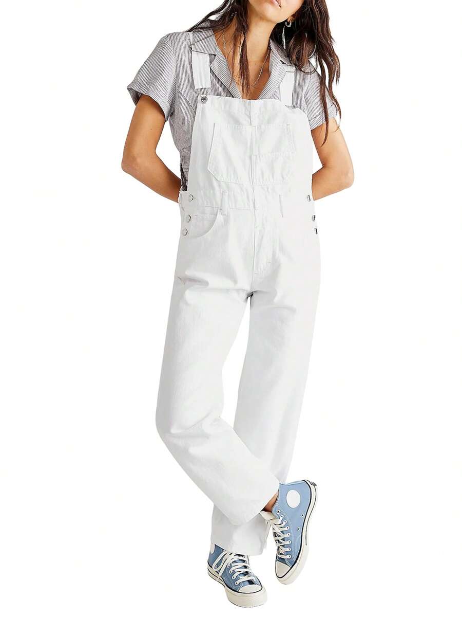 Women Denim Long Jumpsuit Casual Spaghetti Strap Wide Leg Romper Pants Summer Baggy Bib Overalls - 白色 - 查看 1
